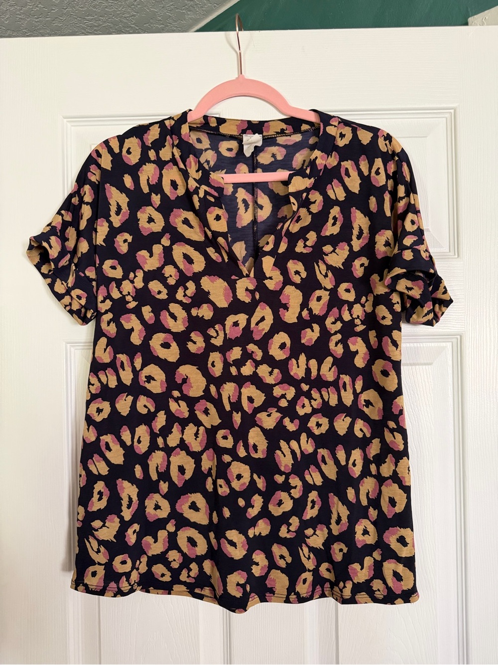 Sew In Love Black Leopard Print Short Sleeve Top with Pink and Tan Spots